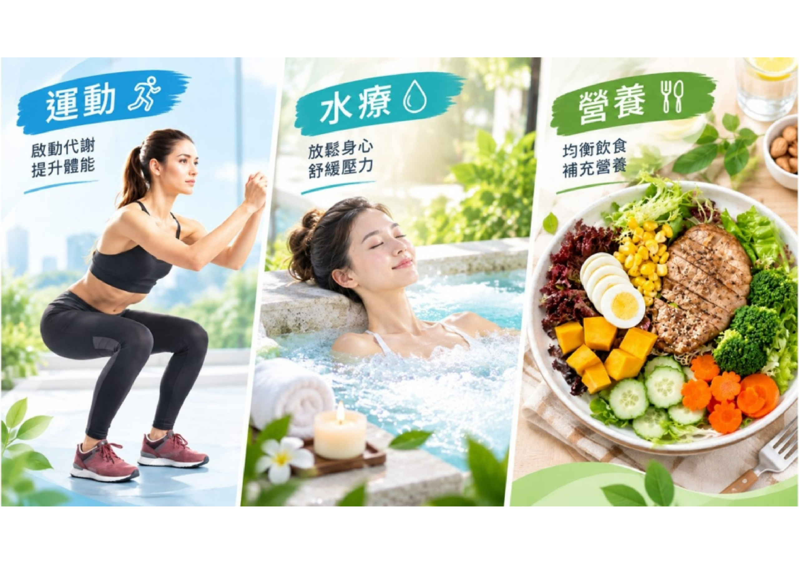 運動 · 水療 · 營養 · 浴見幸福三大生活精神